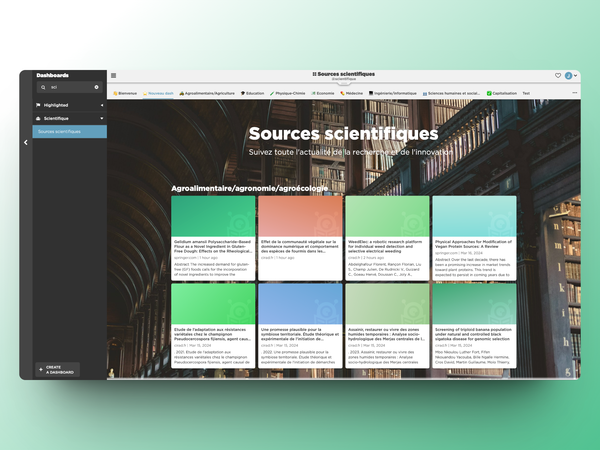 Exemple de dashboard scientifique (affichage en blocs)