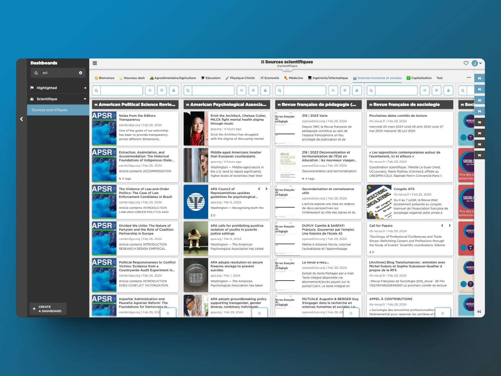 Exemple de dashboard scientifique : affichage en colonnes